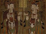 British Museum Top 20 17 Dunhuang Two Standing Avalokiteshvara 17. Two Standing Avalokiteshvara - , Cave 17 Dunhuang China, mid 9C AD, 147 x 105 cm. The British Museum has many artifacts that are not on display, like this one of almost 400 priceless Buddhist paintings on silk from the Dunhuang cave complex in China from the Stein collection. The painting shows two almost identical figures of Avalokiteshvara, one of the most popular of the bodhisattvas, identifiable by the small figure of the Buddha Amitabha in his headdress. One of the only differences between the two figures are the attributes that they hold: that on the left holds a flower, that on the right a vase and a willow branch. All three were popular attributes of Avalokiteshvara. The inscription in the centre of the painting translates in part: 'the disciple of pure faith, Yiwen, on his own behalf, having fallen [into the hands of the Tibetans], hopes that he return to his birthplace.' Therefore this example was commissioned to ensure a peaceful life during the period of war with the Tibetans, who finally had to give up Dunhuang in 948 AD. For more information on Dunhuang, check out 